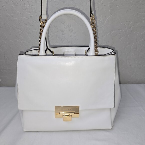 Michael Kors KARLIE White Leather Top Handle / Gold Chain Link Shoulder Bag - Picture 9 of 15